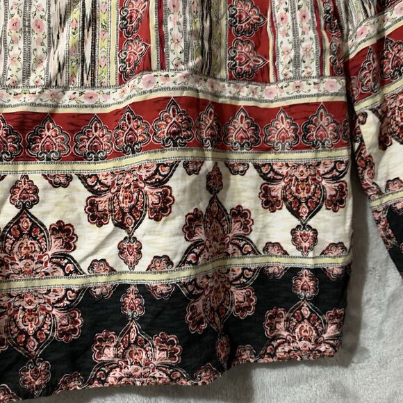 J Jill Top Women's Tunic Size Medium Red Tan 100% Rayon Long Sleeve Boho Flowy - Picture 7 of 13